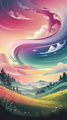 Stylized Landscape with Swirling Sky and Wildflower Field