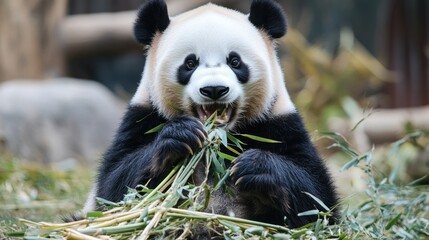 Fototapeta premium A Close-Up of a Panda Enjoying a Bamboo Meal