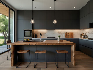 Modern Kitchen with Wooden Island and Gray Cabinets