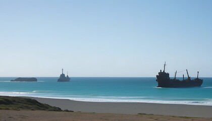 Obraz premium Ancient Shipwreck in a Tranquil Sea, a Timeless Reminder of Maritime History