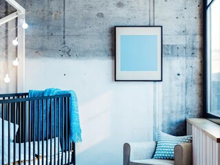 Modern nursery with wooden crib, colorful furniture, and vibrant natural lighting in a loft-style interior