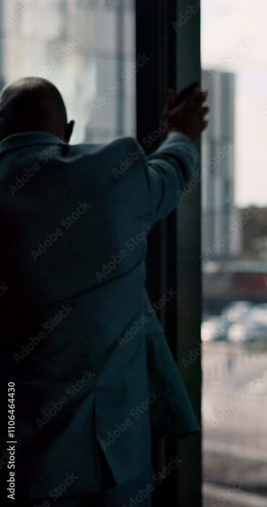 Aufkleber phone call, office and back of business man by window for contact, communication and discussion. cor