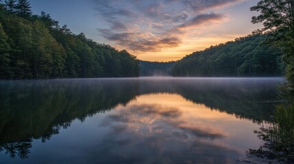 Fototapeta premium Misty Sunrise Over a Serene Lake