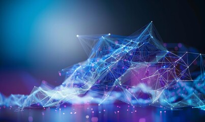 A blue and purple image of a mountain range with a lot of lines and dots