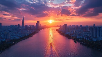 Fototapeta premium Panoramic of Ho chi minh city or Saigon city at twilight