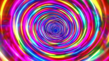 Abstract swirling neon light circles creating a colorful tunnel effect.