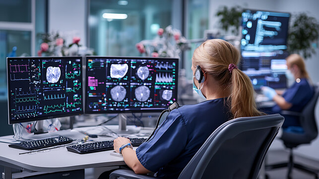 healthcare professional monitors medical data on multiple screens, showcasing advanced medical technology and patient information. environment is modern and clinical, emphasizing importance of