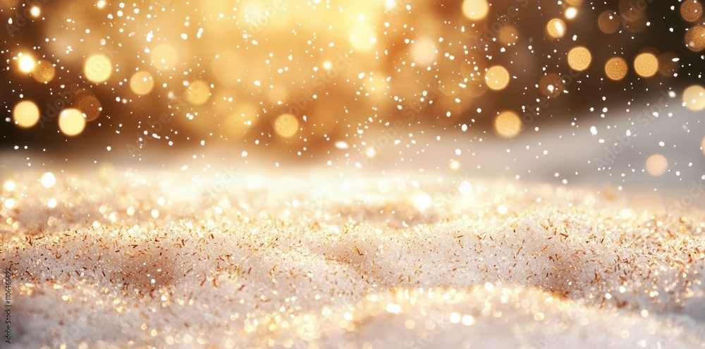 Poster glowing golden bokeh lights falling over a snowy surface, creating a magical winter atmosphere with 
