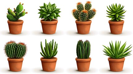 Set of 8 potted cactus and succulents isolated on white background.