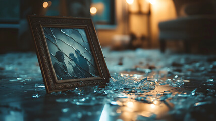An old family photo frame shattered with shattered glass around. Conceptual photo. 