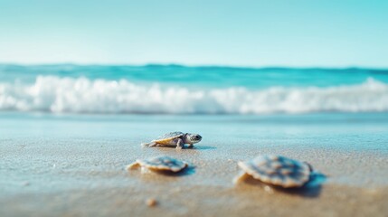 Obraz premium Baby Turtle Journeys Toward the Ocean While Leaving Delicate Trails on Golden Sand