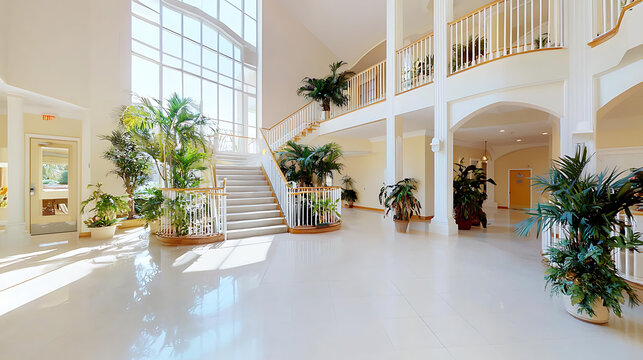bright and spacious common area in senior community featuring elegant stairs, large windows, and lush greenery. inviting atmosphere promotes relaxation and social interaction