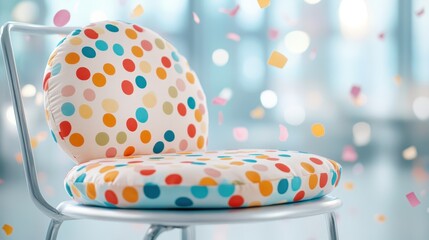 Fototapeta premium Colorful Whoopee Cushion on a Chair Surrounded by Confetti Offers Playful Vibes