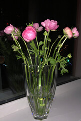 Pink flowers, peonies in a transparent vase. Night, window, flowers