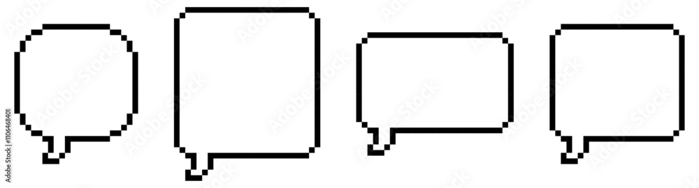 Poster pixelated rounded and square speech bubbles, set of 4 pixelated speech bubble, pixel art.