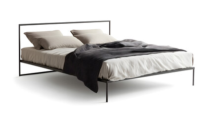 A sleek, modern metal-framed bed with simple bedding, emphasizing industrial-chic design