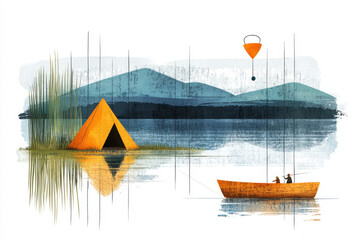 Naklejka premium Joyful camping. A tranquil landscape featuring a yellow tent by a lake, a boat with two people, mountains in the background, and a hot air balloon overhead.