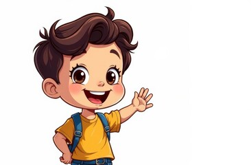 Obraz premium A cheerful young boy with brown hair and large expressive eyes waves enthusiastically. He is wearing a bright yellow shirt and has a backpack slung over his shoulder. Copy space