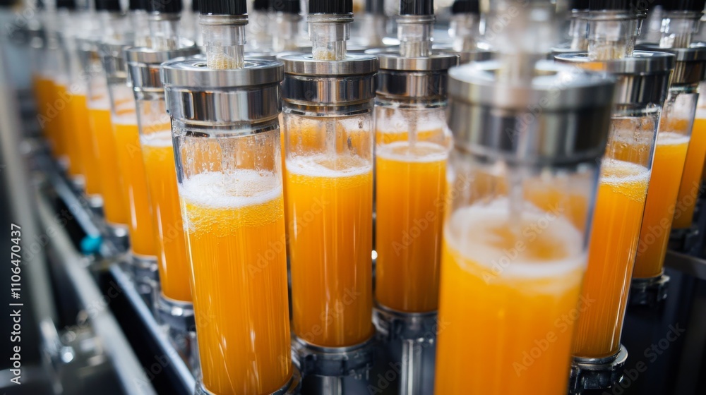 Poster bottles on a production line are being filled with fresh orange juice in a well-lit facility. this e