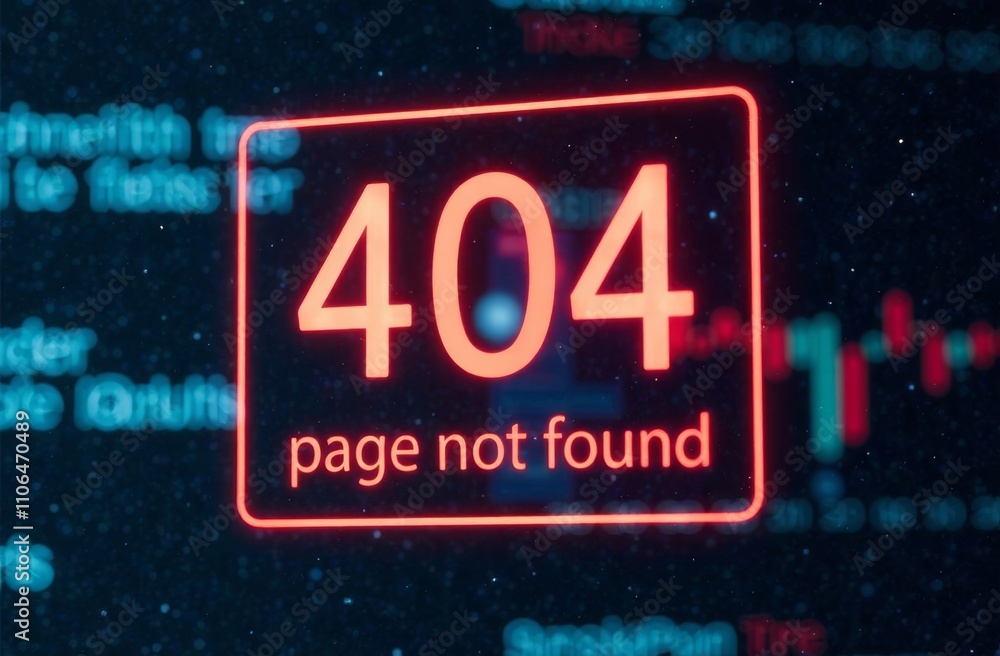 Poster a bright red error message indicating a 404 status appears on a digital screen filled with code and 
