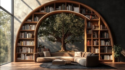 Fototapeta premium Modern living room with arched bookshelf, tree mural, and sectional sofa.