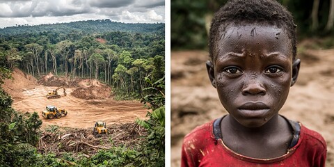 A young boy looks on with concern as machinery clears the forest, highlighting the impact of deforestation.