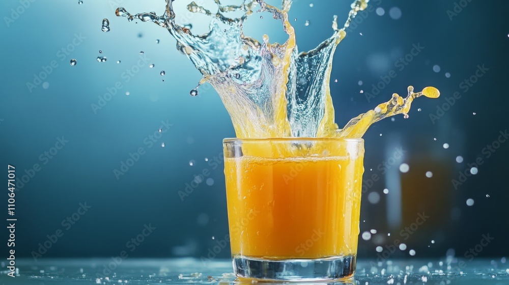 Poster A dynamic moment captures juice splashing dramatically from a glass, illuminated by bright ambient light. The refreshing orange liquid contrasts beautifully with the cool background.