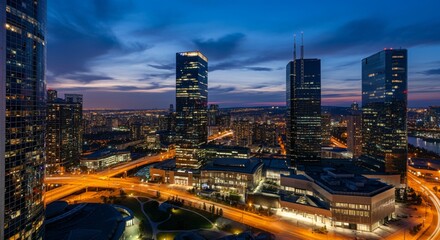 Aerial view of a cityscape with lights glowing at twilight