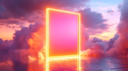 A neon pink square with a glowing orange border is in the middle of a cloudy sky