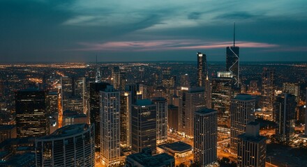 Obraz premium Aerial view of a cityscape with lights glowing at twilight