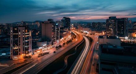 Obraz premium Aerial view of a cityscape with lights glowing at twilight