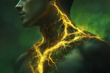 A Close-Up Portrait of a Man with Electric Energy Flowing Through His Body, Representing Power and Vitality in a Dynamic, Green Background