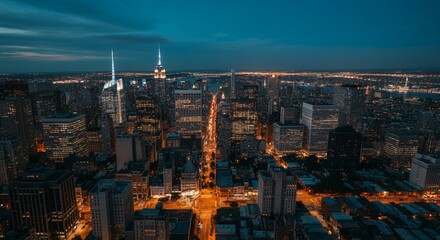Fototapeta premium Aerial view of a cityscape with lights glowing at twilight