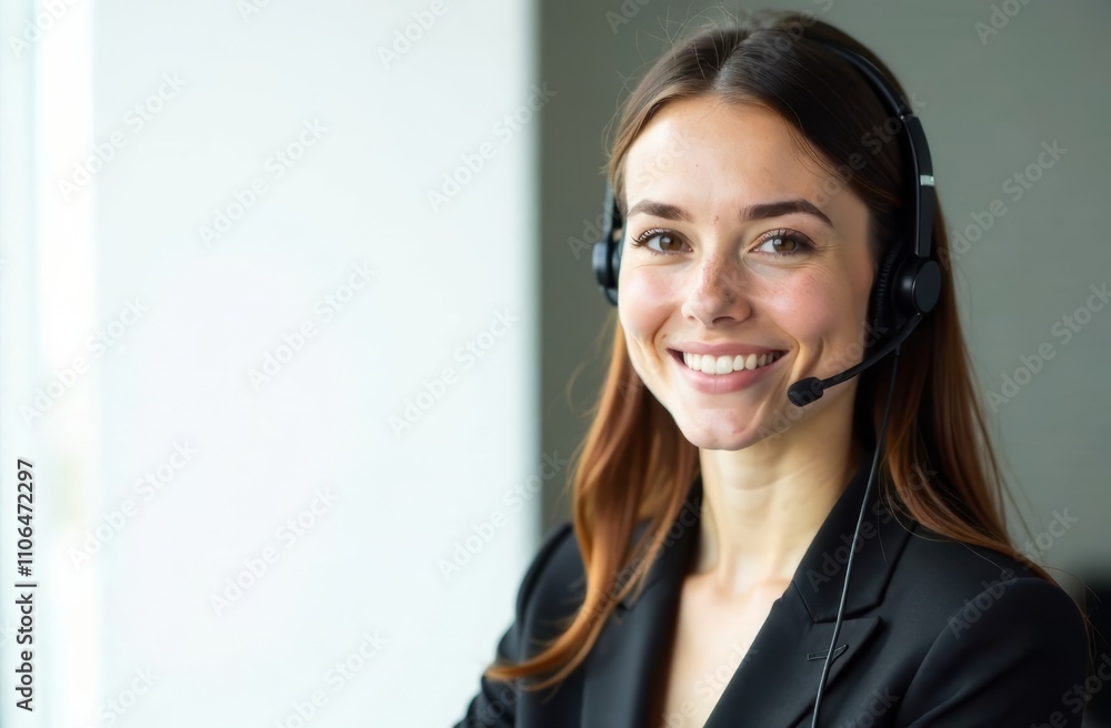 Poster a smiling customer service representative wearing a headset is engaged in assisting clients. she is 