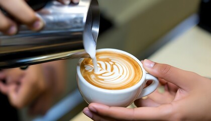 Artful coffee preparation, focusing on the pouring of every milk bubble