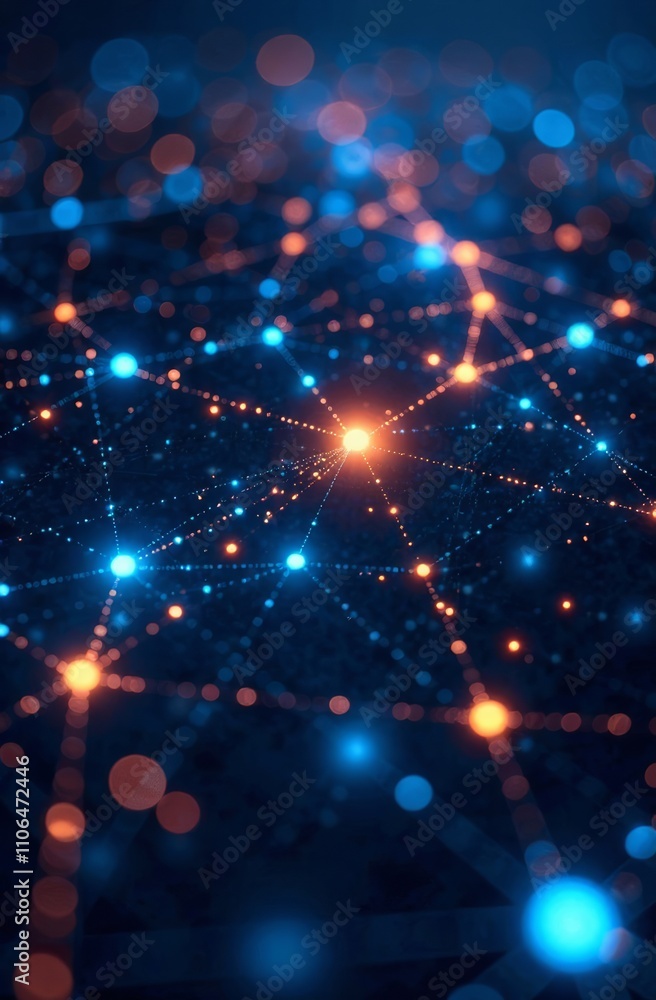 Poster a vibrant visualization of a digital network featuring glowing blue and orange nodes interconnected 