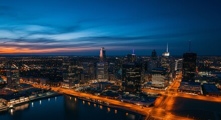 Aerial view of a cityscape with lights glowing at twilight