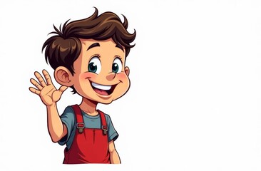 Obraz premium A cheerful young boy with brown hair and big green eyes waves happily. He wears a bright red overall over a simple t-shirt, radiating joy and friendliness in a colorful, animated style. Copy space