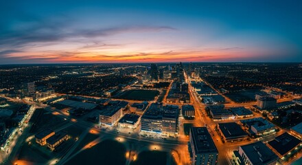 Aerial view of a cityscape with lights glowing at twilight