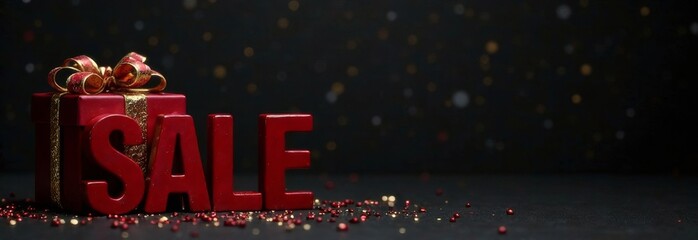 A vibrant display features a red gift box adorned with ribbons next to bold letters spelling out sale. The festive background is filled with sparkling lights, creating a joyful atmosphere. Copy space