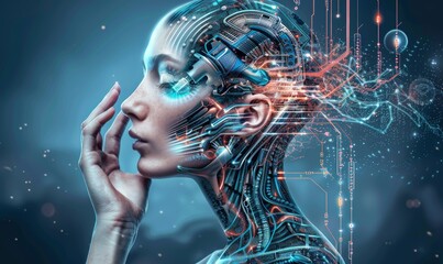 A woman's face is shown with a lot of technology and wires surrounding her