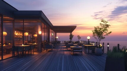 Obraz premium Rooftop restaurant at sunset with city view.