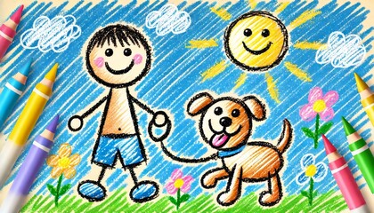 Fototapeta premium A cheerful children's drawing of a happy child with their dog.