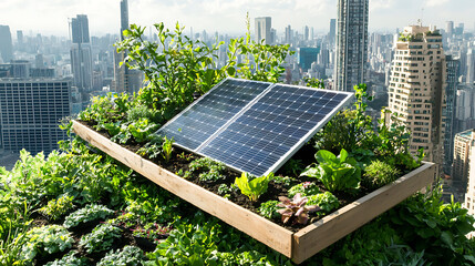 Urban rooftop garden with solar panels showcasing sustainable living. This vibrant green space blends technology and nature, promoting eco friendly practices in cityscape