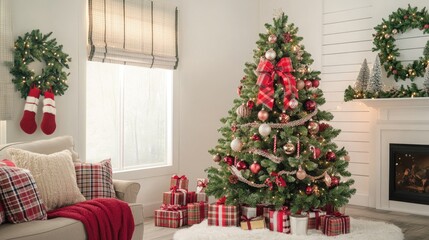 Festive Christmas Living Room with Tree and Holiday Decorations