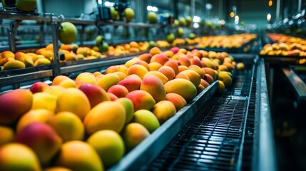 Ripe mangoes are lined up on conveyor belts in a busy production area. Workers prepare the fruit for juicing as the daylight filters into the facility, showcasing the vibrant colors of the mangoes.