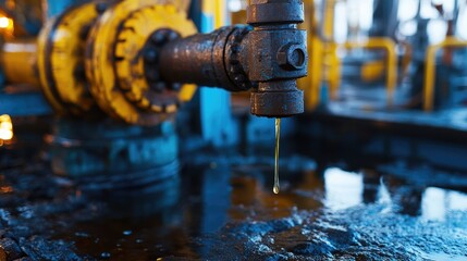 Oil Dripping from Industrial Pipeline in Oil Refinery Facility