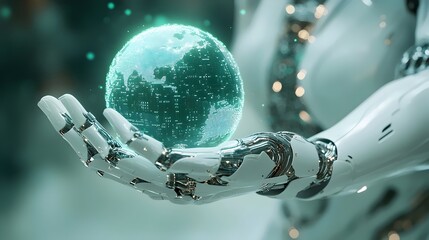 A robot is holding a globe in its hand