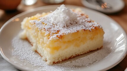 Moist Coconut Cake with Powdered Sugar and Whipped Topping