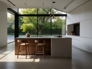 Fototapeta premium Modern Minimalist Kitchen with Island, Stools, and Large Window